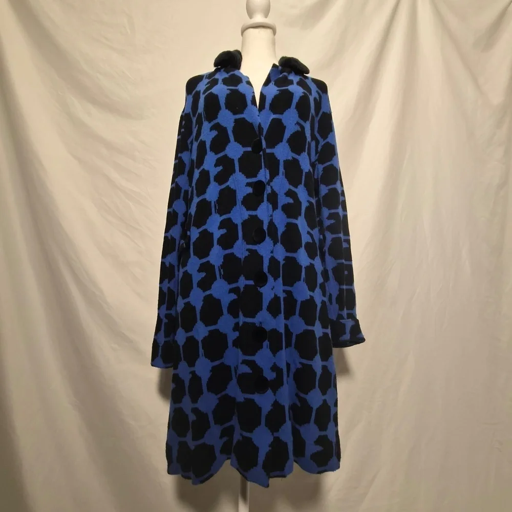Michael Simon RARE Vintage Geometric Blue Faux Fur Collared Cardigan Sweater L